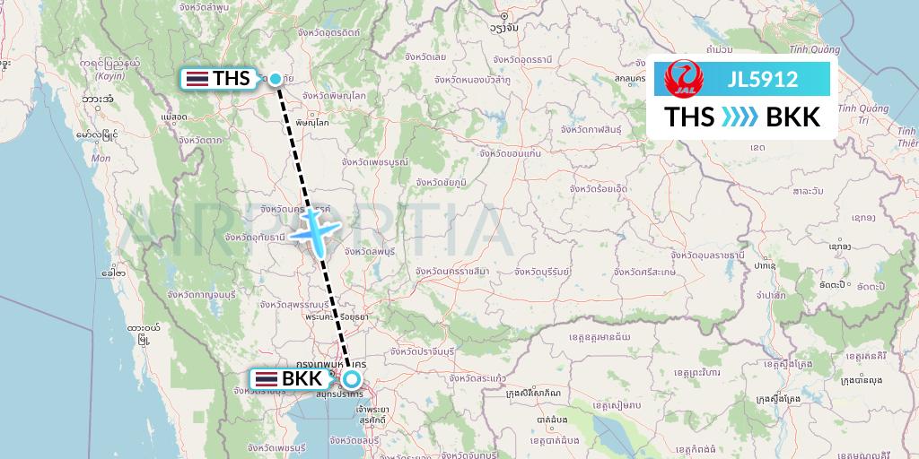 JL5912 Japan Airlines Flight Map: Sukhothai to Bangkok