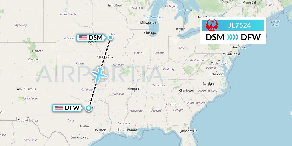 JL7524 Japan Airlines Flight Map: Des Moines to Dallas