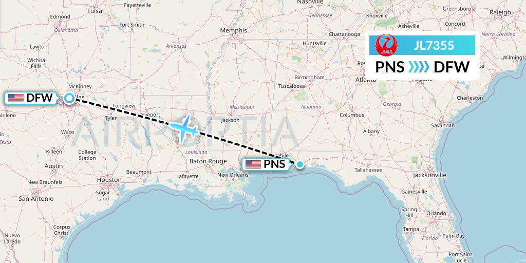 JL7355 Japan Airlines Flight Map: Pensacola to Dallas