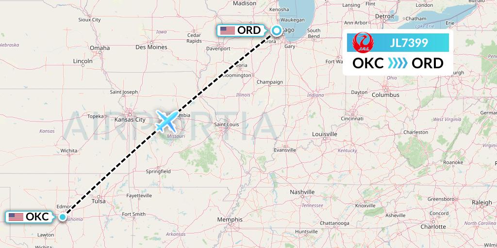 JL7399 Japan Airlines Flight Map: Oklahoma City to Chicago