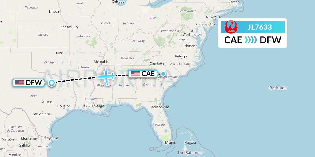 JL7633 Japan Airlines Flight Map: Columbia to Dallas