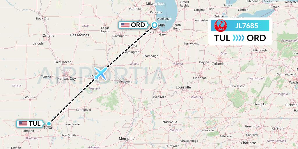 JL7685 Japan Airlines Flight Map: Tulsa to Chicago