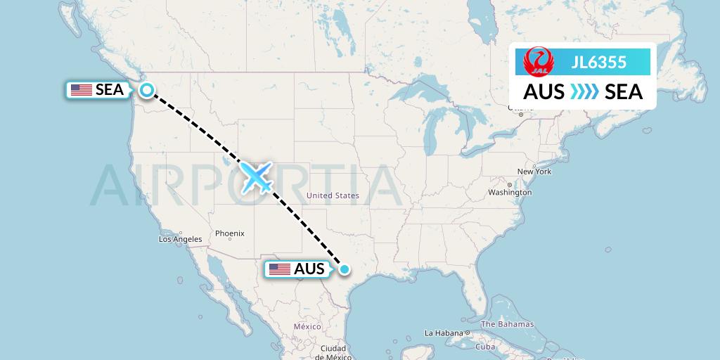 JL6355 Japan Airlines Flight Map: Austin to Seattle