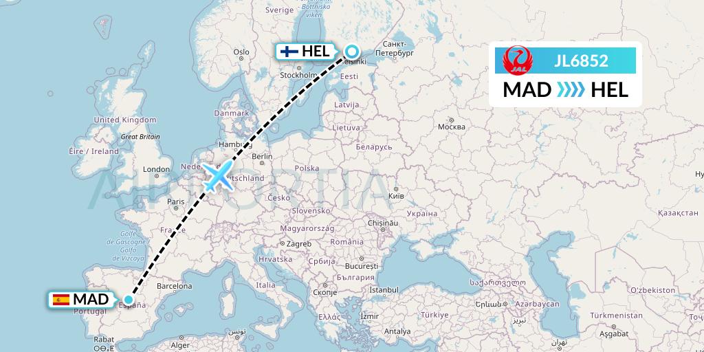 JL6852 Japan Airlines Flight Map: Madrid to Helsinki