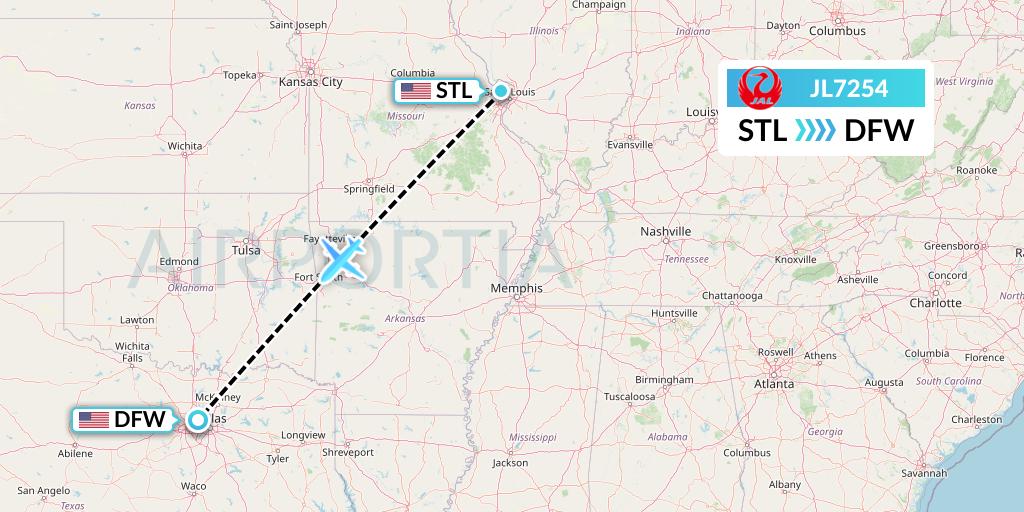 JL7254 Japan Airlines Flight Map: St. Louis to Dallas