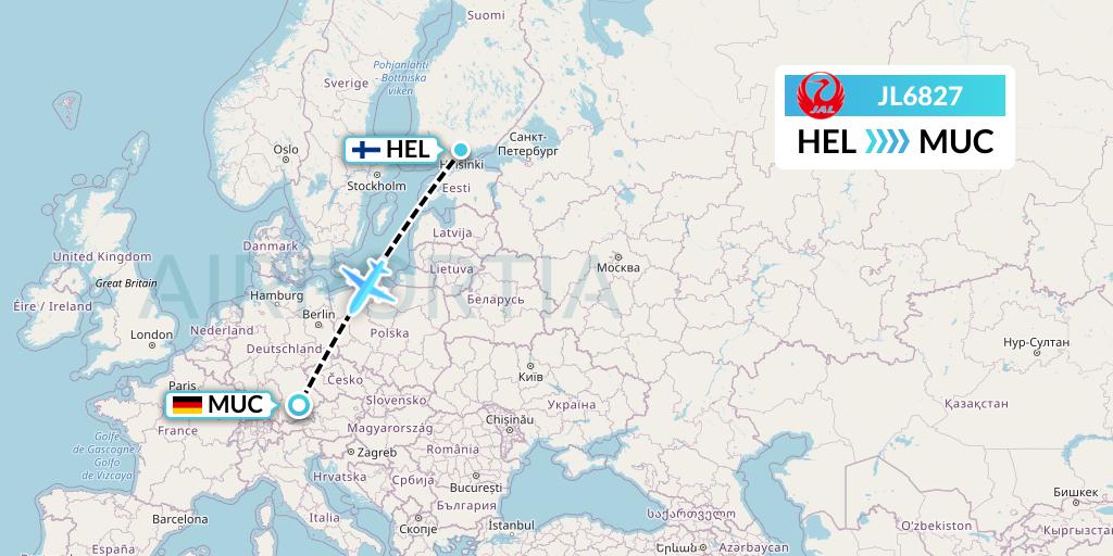 JL6827 Japan Airlines Flight Map: Helsinki to Munich