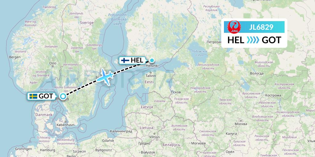 JL6829 Japan Airlines Flight Map: Helsinki to Gothenburg