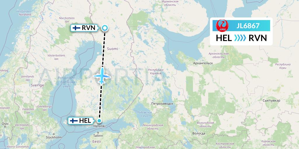 JL6867 Japan Airlines Flight Map: Helsinki to Rovaniemi