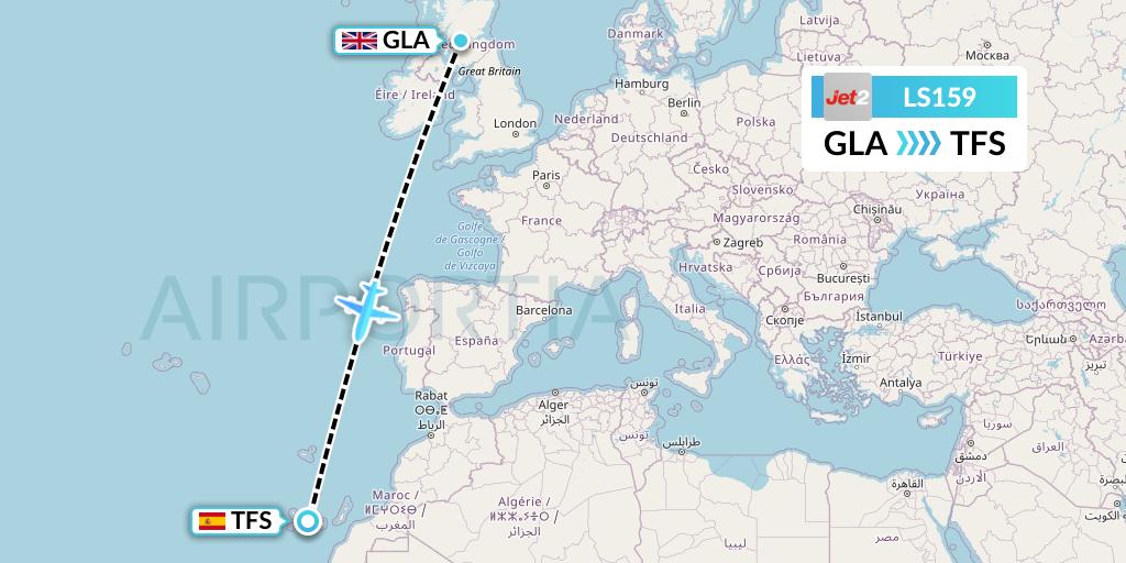 LS159 Jet2 Flight Map: Glasgow to Tenerife