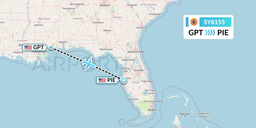 SY8155 Sun Country Airlines Flight Map: Gulfport to St. Petersburg