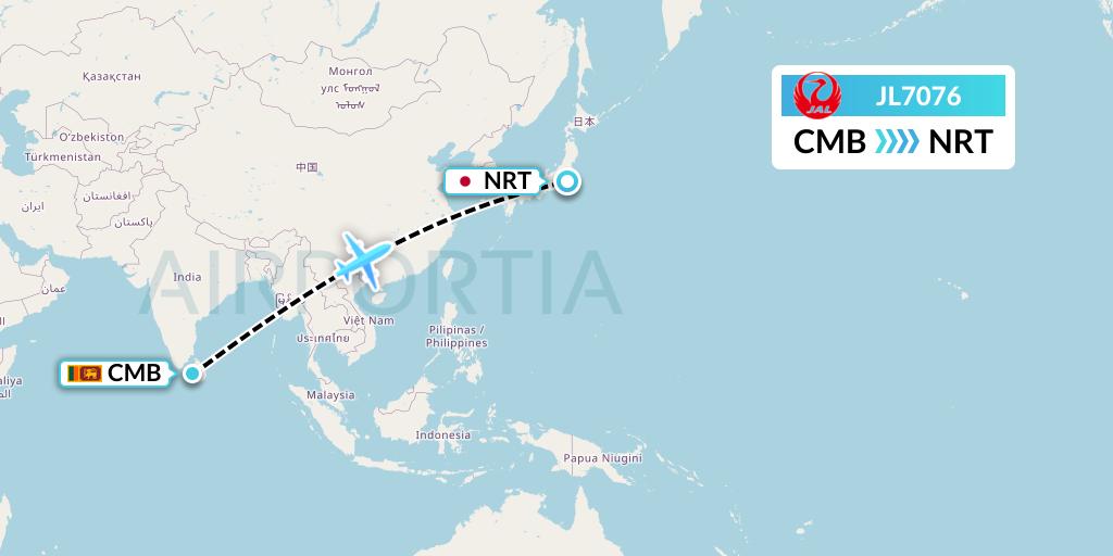 JL7076 Japan Airlines Flight Map: Colombo to Tokyo