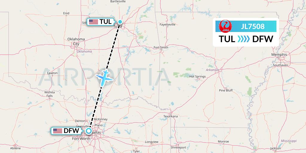 JL7508 Japan Airlines Flight Map: Tulsa to Dallas