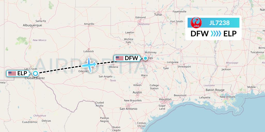 JL7238 Japan Airlines Flight Map: Dallas to El Paso