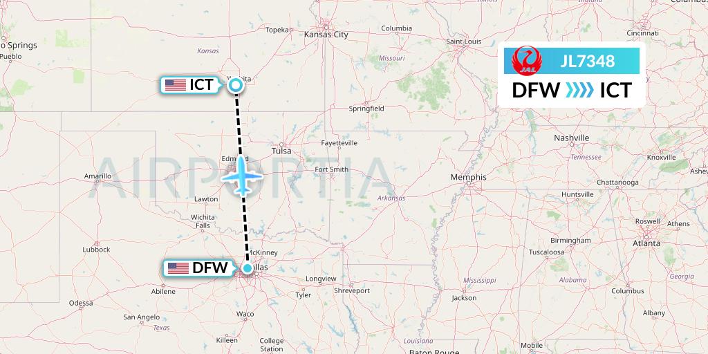 JL7348 Japan Airlines Flight Map: Dallas to Wichita