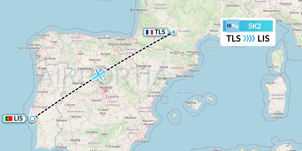 5K2 Hi Fly Flight Map: Toulouse to Lisbon