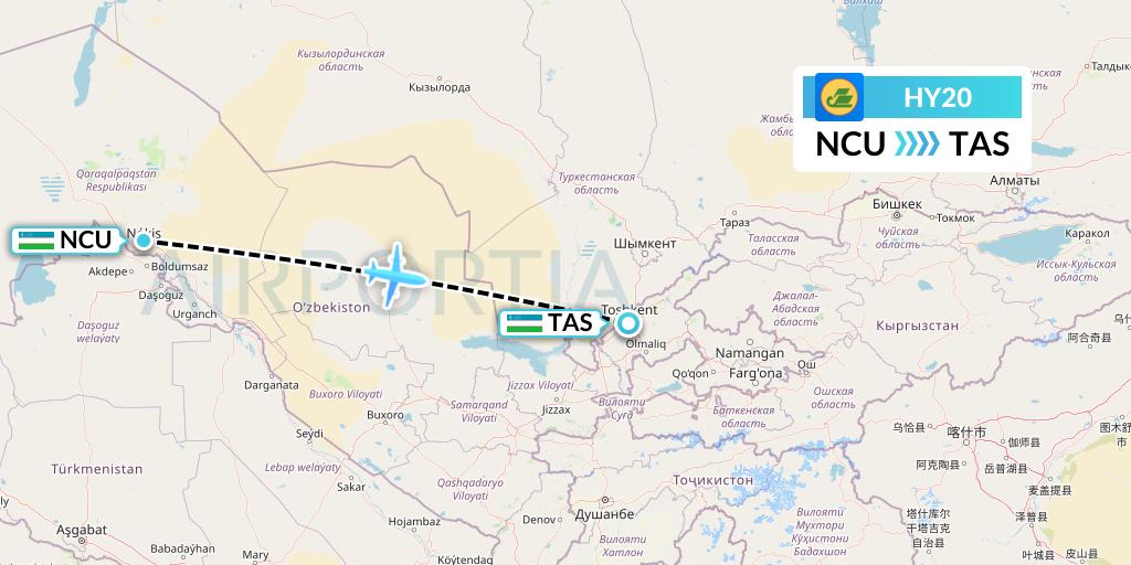 HY20 Uzbekistan Airways Flight Map: Nukus to Tashkent