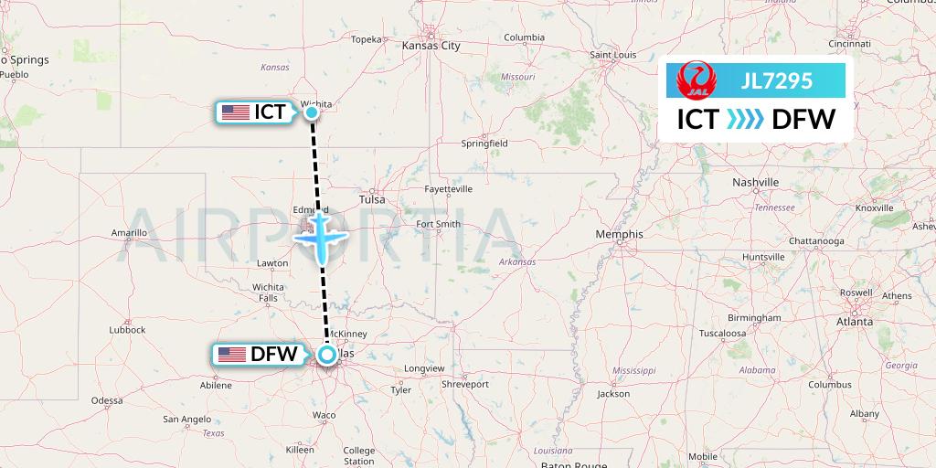 JL7295 Japan Airlines Flight Map: Wichita to Dallas