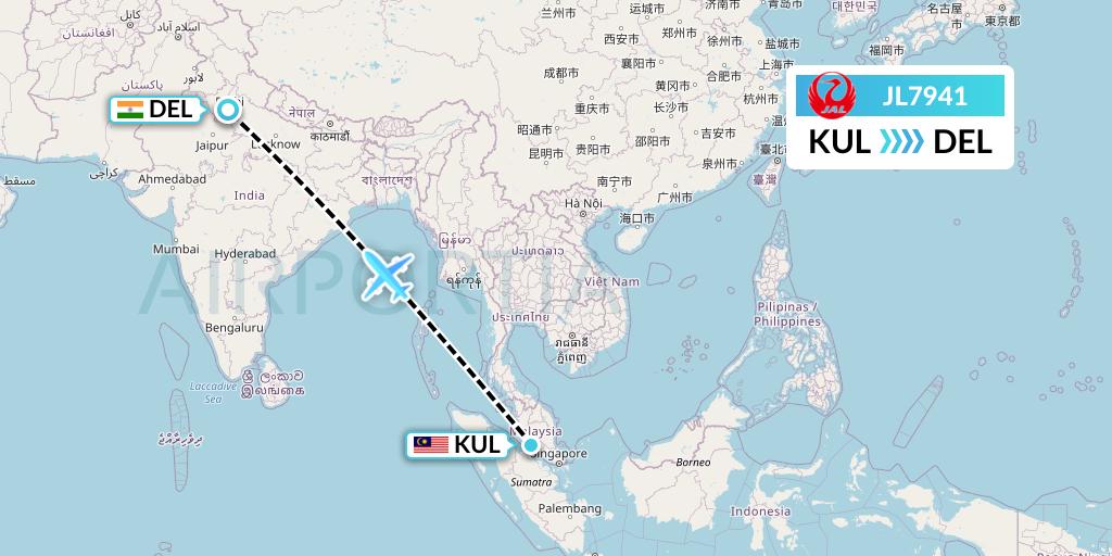 JL7941 Japan Airlines Flight Map: Kuala Lumpur to Delhi