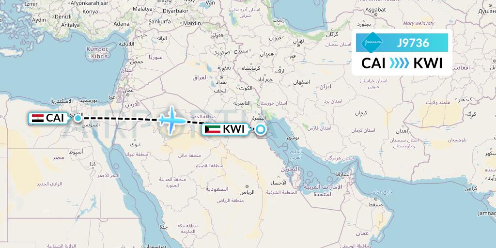 J9736 Jazeera Airways Flight Map: Cairo to Kuwait City