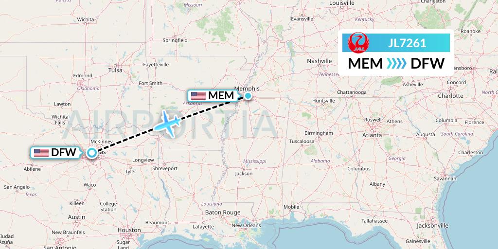 JL7261 Japan Airlines Flight Map: Memphis to Dallas