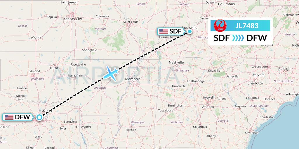 JL7483 Japan Airlines Flight Map: Louisville to Dallas