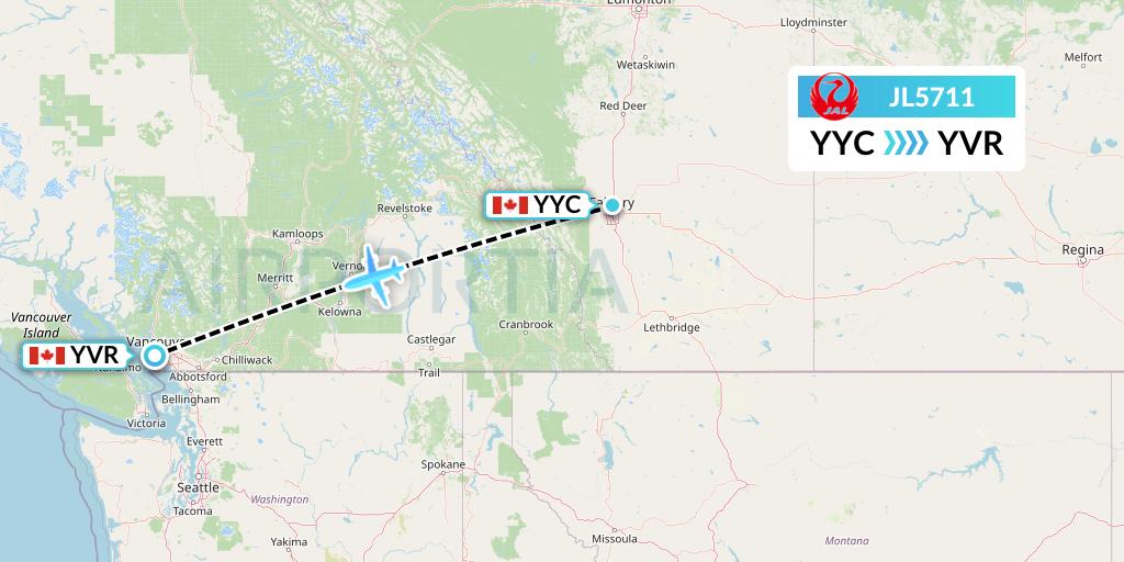 JL5711 Japan Airlines Flight Map: Calgary to Vancouver