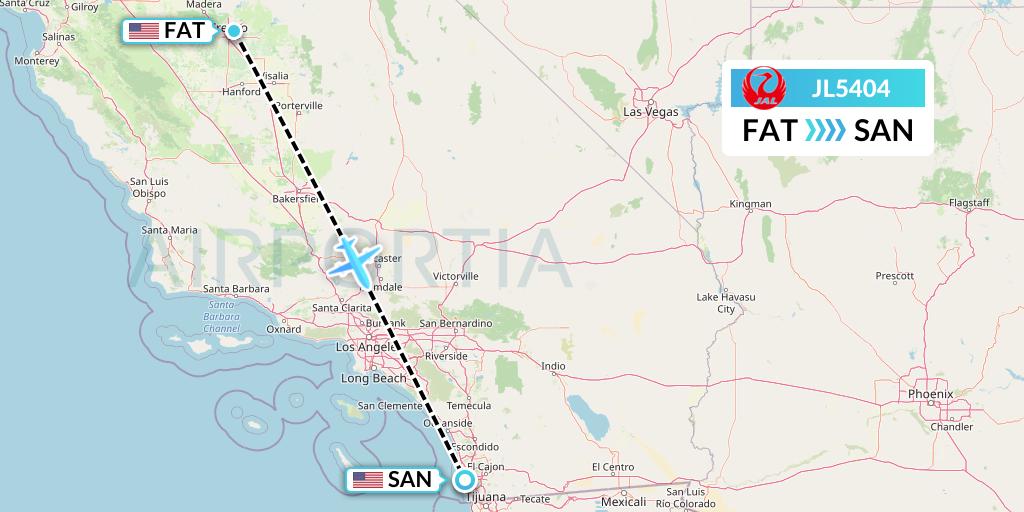 JL5404 Japan Airlines Flight Map: Fresno to San Diego