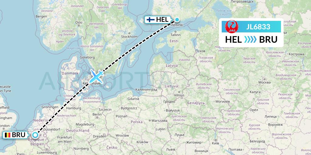 JL6833 Japan Airlines Flight Map: Helsinki to Brussels