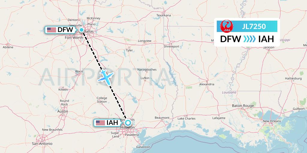 JL7250 Japan Airlines Flight Map: Dallas to Houston
