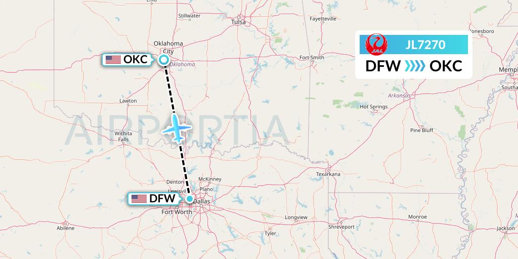 JL7270 Japan Airlines Flight Map: Dallas to Oklahoma City