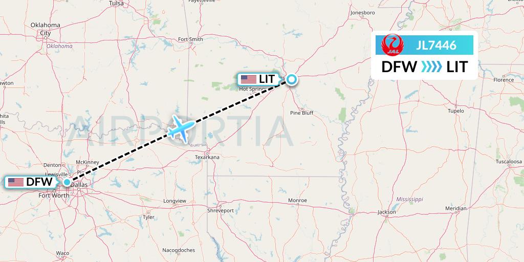 JL7446 Japan Airlines Flight Map: Dallas to Little Rock
