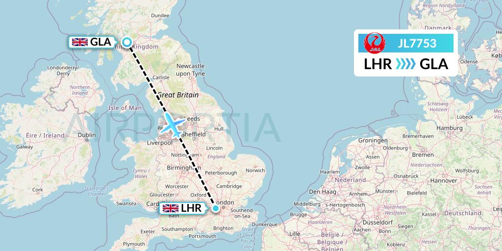 JL7753 Japan Airlines Flight Map: London to Glasgow