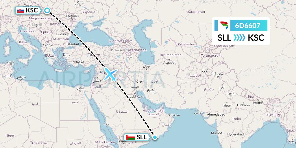 6D6607 Travel Service Slovakia Flight Map: Salalah to Kosice