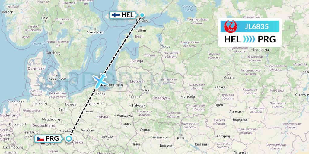 JL6835 Japan Airlines Flight Map: Helsinki to Prague