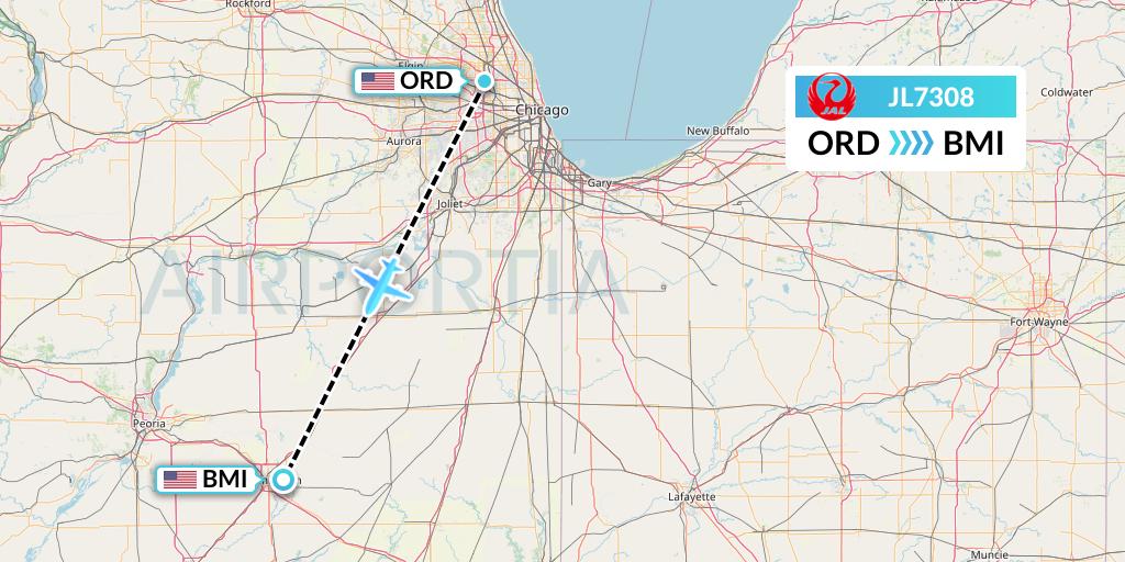 JL7308 Japan Airlines Flight Map: Chicago to Bloomington