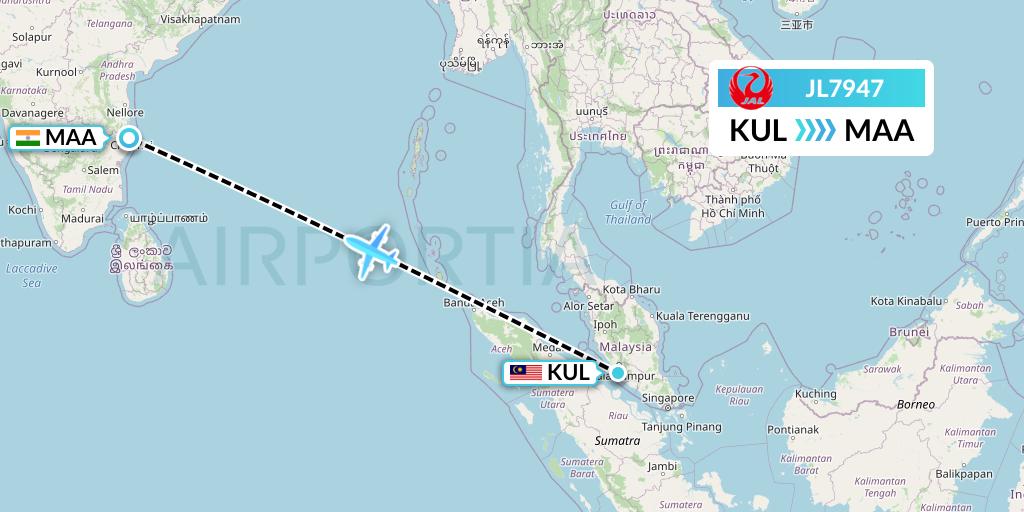 JL7947 Japan Airlines Flight Map: Kuala Lumpur to Chennai
