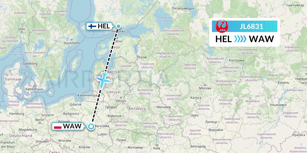 JL6831 Japan Airlines Flight Map: Helsinki to Warsaw