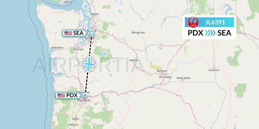 JL6391 Japan Airlines Flight Map: Portland to Seattle