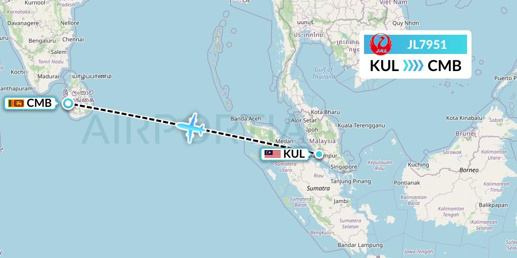 JL7951 Japan Airlines Flight Map: Kuala Lumpur to Colombo