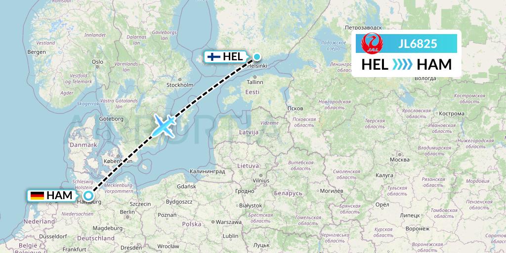 JL6825 Japan Airlines Flight Map: Helsinki to Hamburg