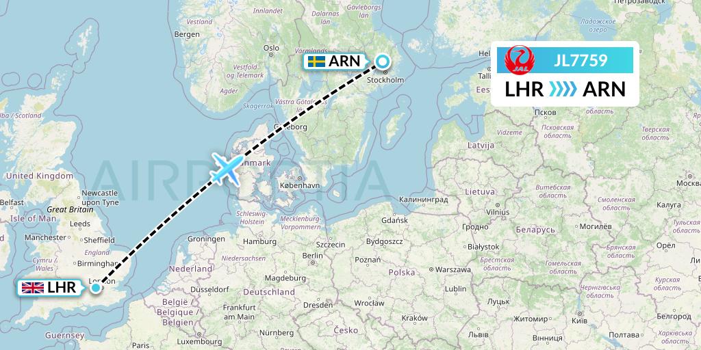 JL7759 Japan Airlines Flight Map: London to Stockholm