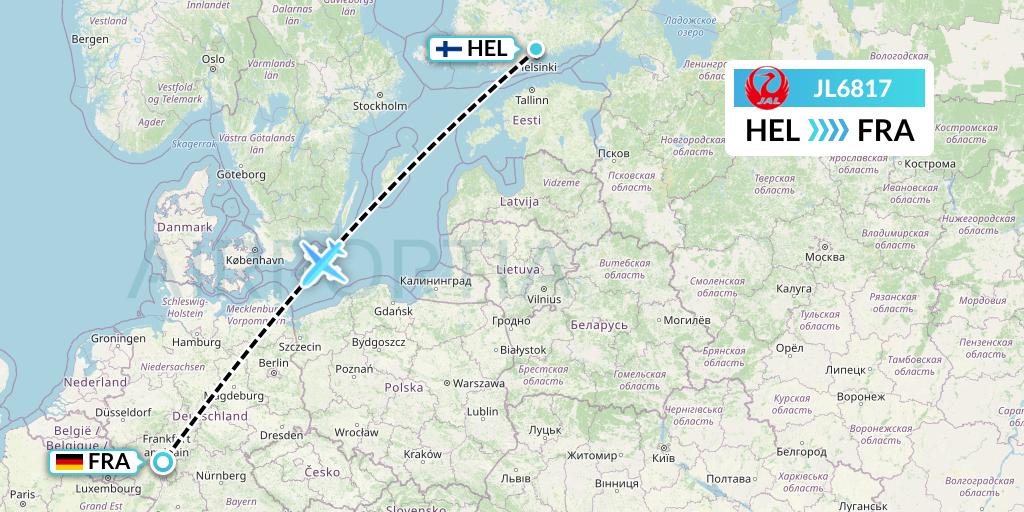 JL6817 Japan Airlines Flight Map: Helsinki to Frankfurt