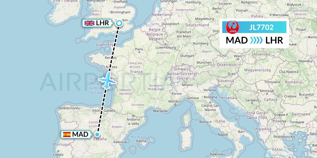 JL7702 Japan Airlines Flight Map: Madrid to London