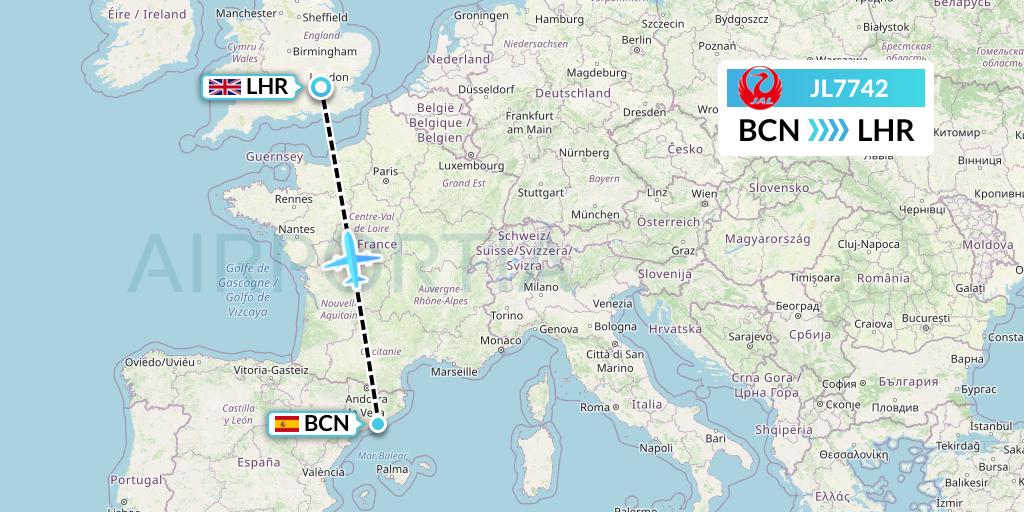 JL7742 Japan Airlines Flight Map: Barcelona to London