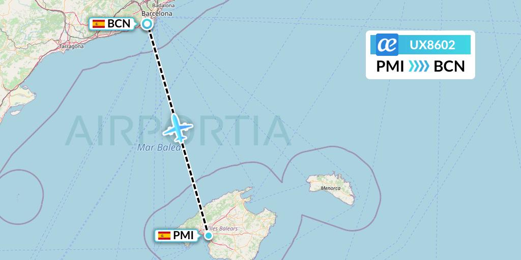 UX8602 Air Europa Flight Map: Palma de Mallorca to Barcelona