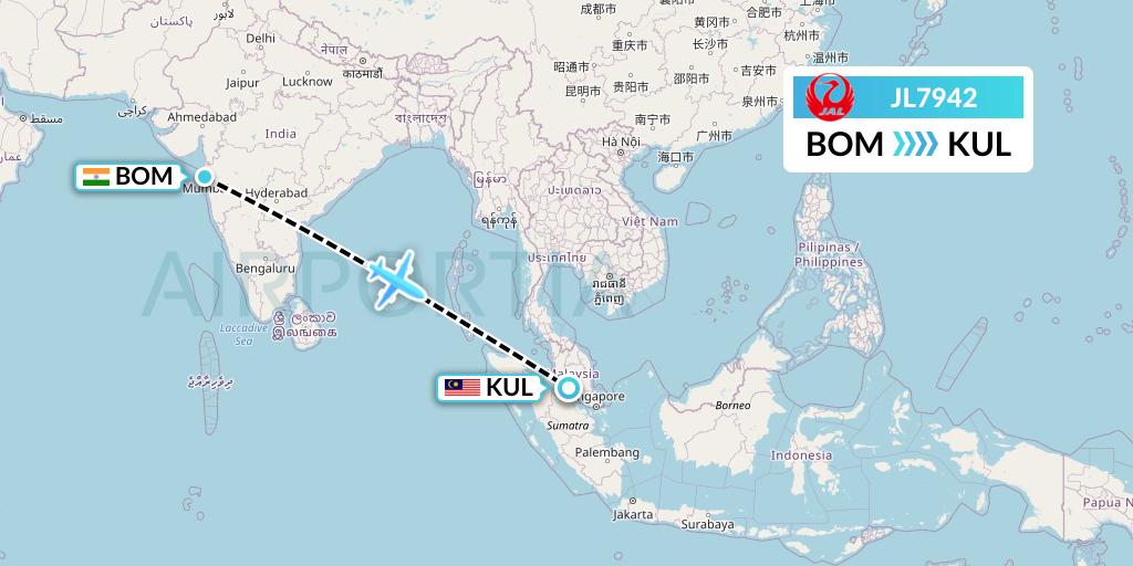 JL7942 Japan Airlines Flight Map: Mumbai to Kuala Lumpur