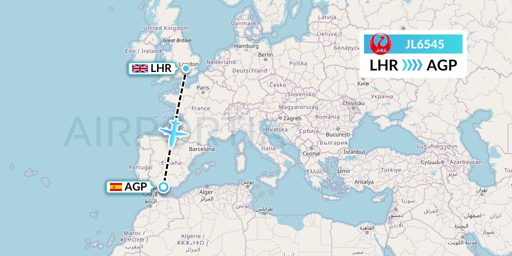 JL6545 Japan Airlines Flight Map: London to Malaga