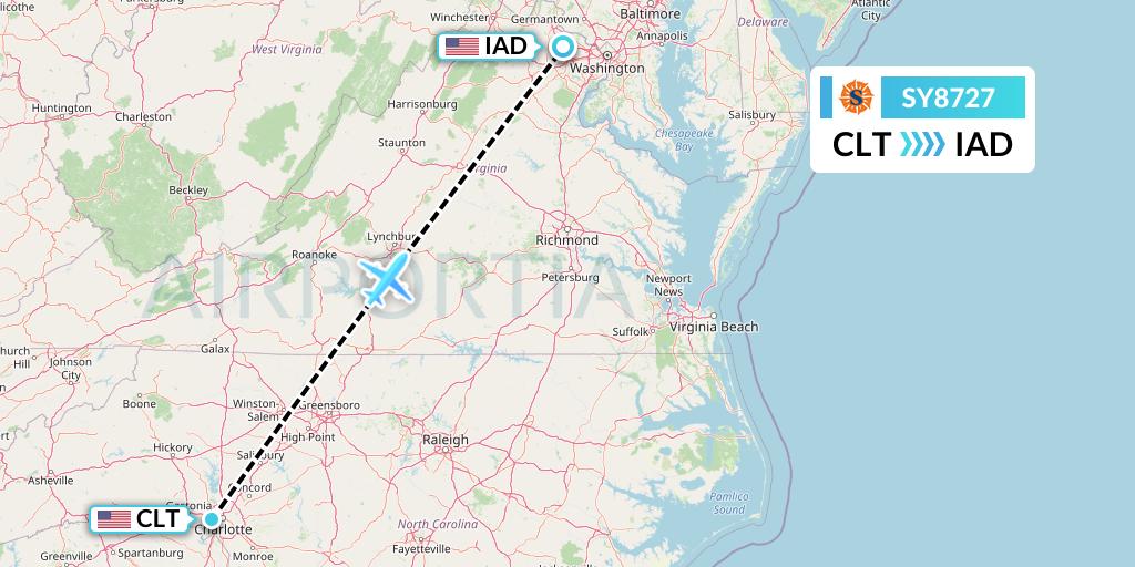 SY8727 Sun Country Airlines Flight Map: Charlotte to Washington