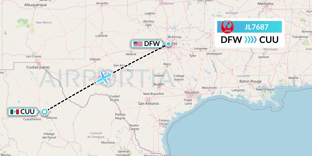 JL7687 Japan Airlines Flight Map: Dallas to Chihuahua