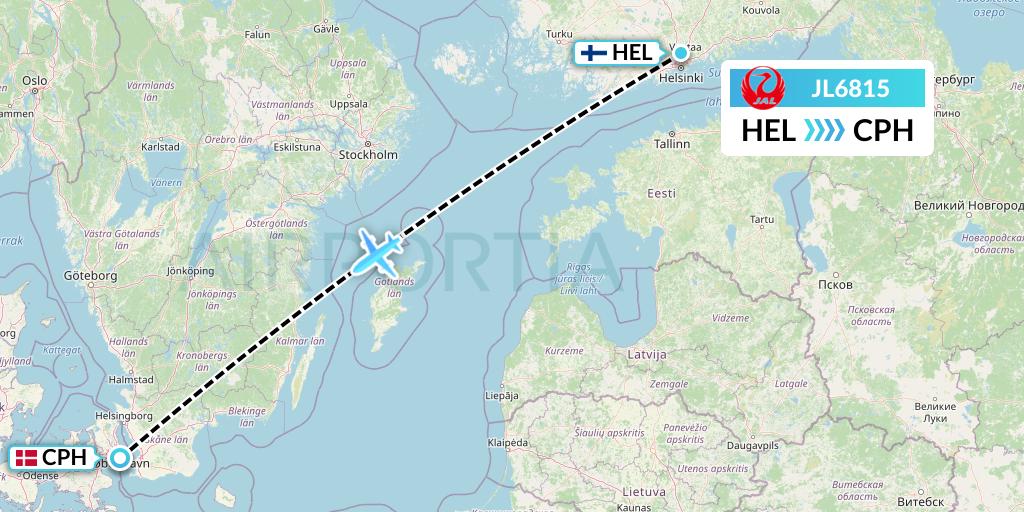 JL6815 Japan Airlines Flight Map: Helsinki to Copenhagen
